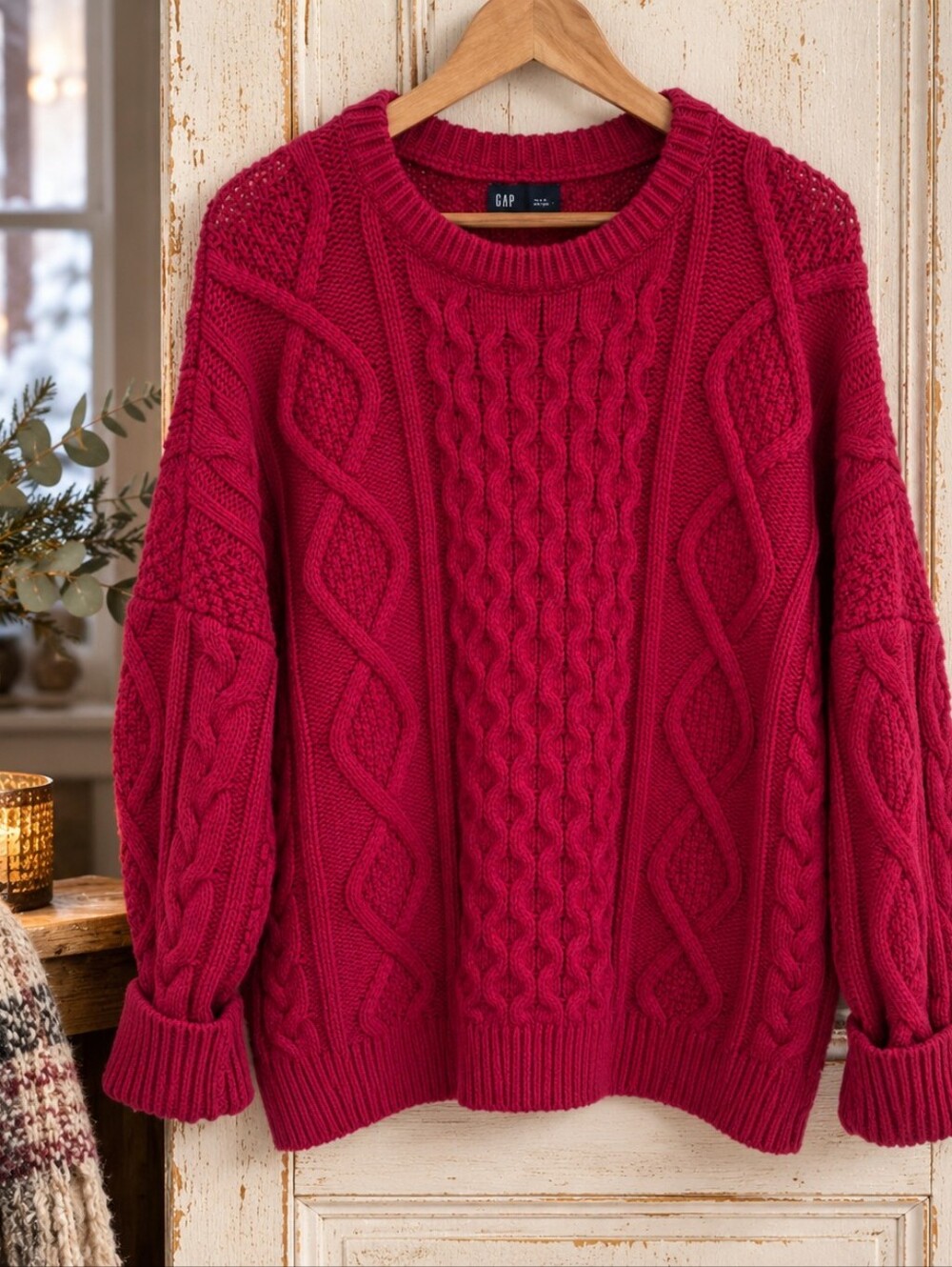 GAP Oversized Red Chunky Cable Knit Wool Blend Sweater M/L 28" PTP
